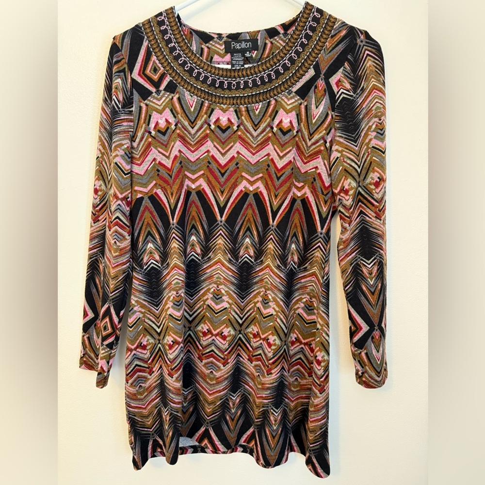 Papillon BOHO Sheath Sweater Dress Multicolor Embroidered Neckline Women’s M